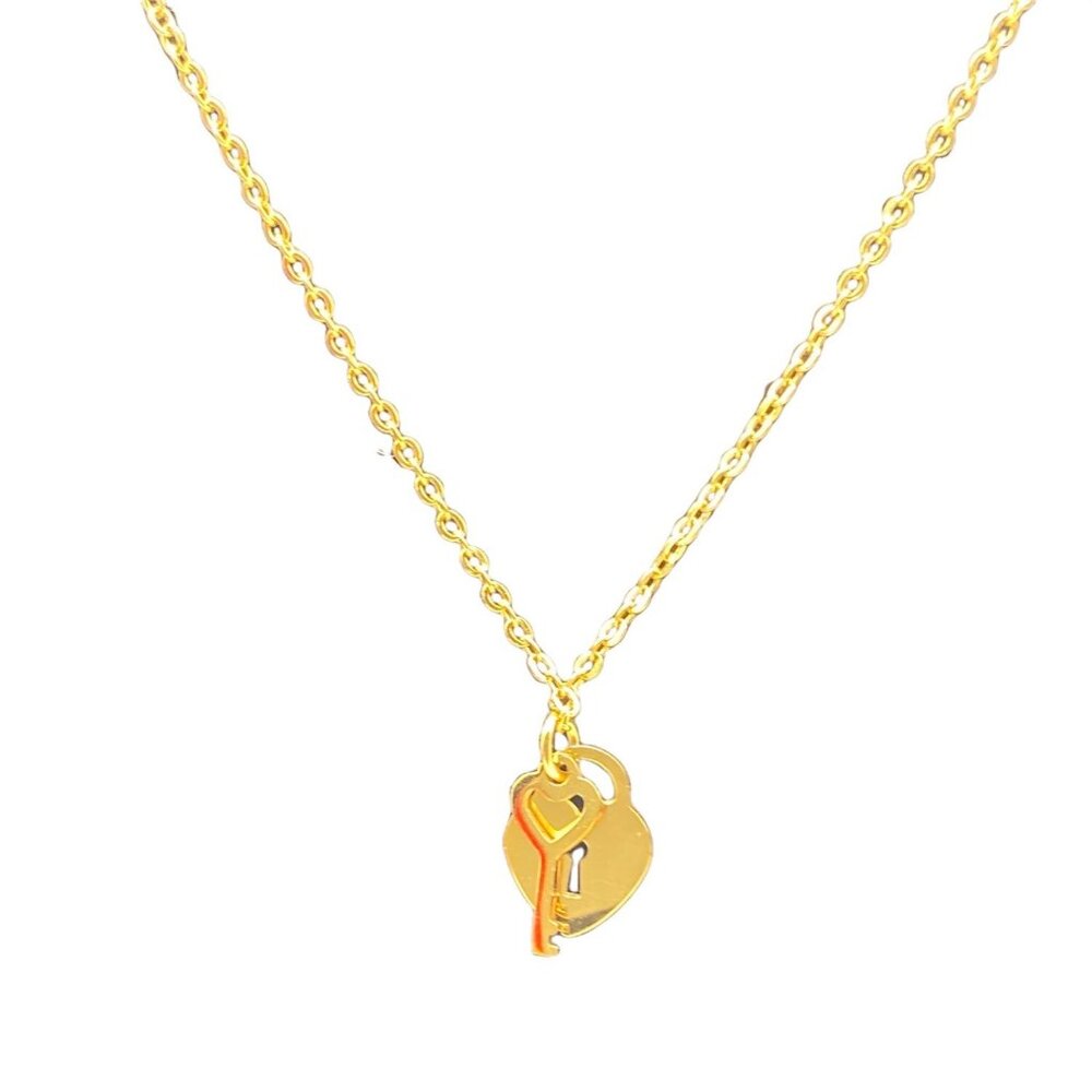 Mini Heart Lock Chain Necklace Gold‎ Tone Titanium Steel Adjustable